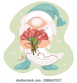 A cute Christmas gnome with a armful of red carnations. Merry New Year character gives a bouquet of flowers. Isolated vector of a gnome in a Santa Claus hat. Cartoon flat style for cards, labels, veb