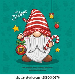 Cute Christmas Gnome With Christmas Ball And Candy Cane On Seamless Background. Cute Cartoon Illustration