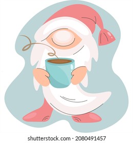 Cute Christmas gnome with a big blue mug of coffee. Merry New Year character drinks coffee. Isolated vector illustration of a gnome in a Santa Claus hat. Cartoon flat style for postcards, labels, web