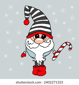 Cute Christmas gnome with candy cane. Hand drawn illustration, vector