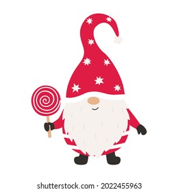 Cute christmas gnome with candy. Vector illustration.