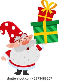 Cute Christmas Gnome Cartoon Character Holding Up Gift Boxes. Vector Illustration Flat Design Isolated On Transparent Background