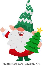Cute Christmas Gnome Cartoon Character Holding A Christmas Tree And Waving. Vector Illustration Flat Design Isolated On Transparent Background