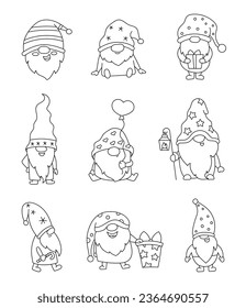 Cute Christmas gnome. Coloring Page. Merry New Year holiday. Vector drawing. Collection of design elements.