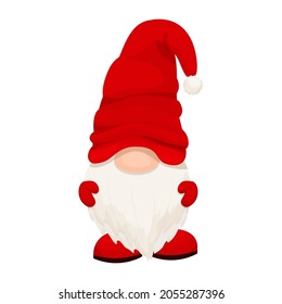 Cute Christmas gnome, elf in red hat in cartoon style, New year greeting character isolated on white background. Traditional funny fairy with beard.