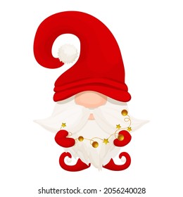 Cute Christmas gnome, elf in red hat in cartoon style, New year greeting character isolated on white background. Traditional funny fairy with beard.