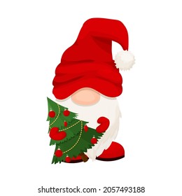 Cute Christmas gnome, elf in red hat in cartoon style, New year greeting character isolated on white background. Traditional funny fairy with beard.