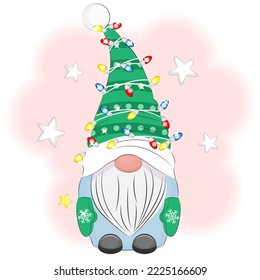 Cute Christmas gnome with garland vector illustration