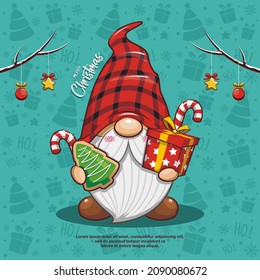 Cute Christmas Gnome With Gift box, Candy Cane, And Gingerbread Cookies On Seamless Background. Cute Cartoon Illustration