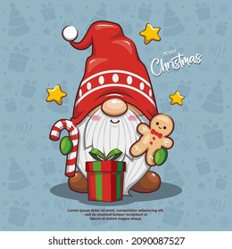 Cute Christmas Gnome With Gift Box, Candy Cane, And Gingerbread On Seamless Background. Cute Cartoon Illustration