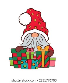 Cute Christmas gnome with gift boxes. Cartoon Scandinavian elf Tomte character vector illustration. Little Swedish gnome doodle. Traditional red green Xmas colors. Fun nordic dwarf Xmas drawing.