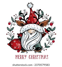 Cute Christmas gnome with gifts in  Greeting card. Vector.