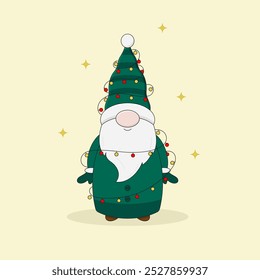 Cute Christmas gnome in green coat, hat and mittens got tangled in Christmas lights. Cartoon style vector illustration.