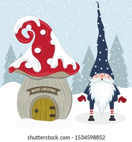 Cute Christmas gnome and her mushroom house. Flat design. 