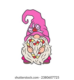 Cute Christmas gnome holding candy canes in heart shape. Charming pinkmas trend vector illustration. Adorable gnome with striped sugar cane. Love message for festive projects, greeting cards, decor.