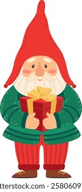 Cute christmas gnome holding a wrapped gift with a yellow ribbon, wearing a green jacket and red pants, celebrating christmas time, winter holidays and new year s eve