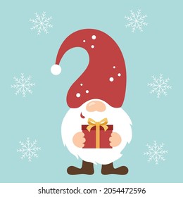 Cute Christmas gnome holds a red gift with a ribbon in his hands. Winter Scandinavian gnomes. Baby dwarf winter decor. Vector illustration isolated on blue background.