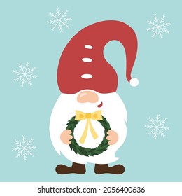 Cute Christmas gnome holds a wreath in his hands. Winter Scandinavian gnomes. Christmas decorations. Baby dwarf winter decor. Vector illustration isolated on blue background.
