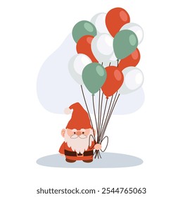 Cute Christmas gnome illustration with holiday balloons in festive colors