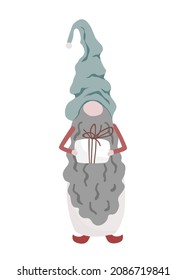 Cute Christmas gnome with a long curly beard holding a gift box. Vector hand drawn illustration isolated on white. Xmas Forest Elf in Scandinavian style.
