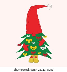 Cute Christmas gnome made of Christmas tree. Vector in cartoon style. All elements are isolated