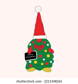 A cute Christmas gnome made of a Christmas tree with a Merry Christmas sign. Vector in cartoon style. All elements are isolated