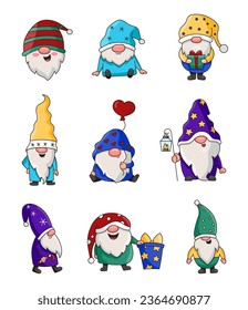 Cute Christmas gnome. Merry New Year holiday. Vector drawing. Collection of design elements.