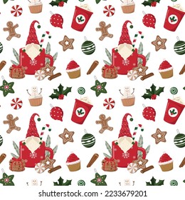 Cute Christmas gnome in a mug, gingerbread cookies, and festive baubles seamless pattern. Isolated on white background. Festive winter holiday wallpaper, digital paper