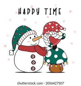 Cute Christmas Gnome on mushroom with Santa Snowman with snow falling in background, cartoon flat doodle vector