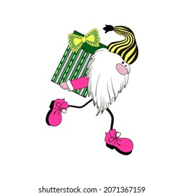 A cute Christmas gnome in a pink suit runs with a green gift with a bow, drawn in a cartoon style. Stock vector illustration isolated on white background.