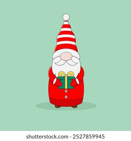 Cute Christmas gnome in red coat, striped hat and mittens holds green gift box with yellow bow. Cartoon style vector illustration.