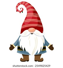 Cute Christmas gnome in a red hat. New Year and Christmas attributes and customs. Traditional winter holidays. Christmas gnome vector illustration. Scandinavian gnome isolated on white background