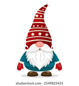 Cute Christmas gnome in a red hat. New Year and Christmas attributes and customs. Traditional winter holidays. Christmas gnome vector illustration. Scandinavian gnome isolated on white background