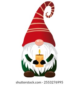 Cute Christmas gnome in a red hat. New Year and Christmas attributes and customs. Traditional winter holidays. Christmas gnome vector illustration. Scandinavian gnome isolated on white background