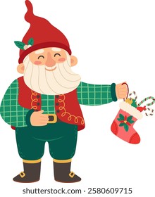 Cute christmas gnome with red hat and long white beard, wearing green clothes, is holding a christmas stocking full of gifts and candy canes