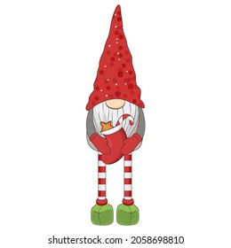 Cute christmas gnome with red sock. Vector illustration.