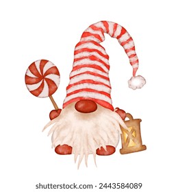 Cute Christmas gnome in Santa Claus red hat with candy and xmas lantern vector isolated white