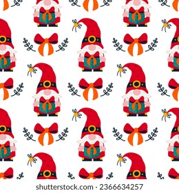 Cute Christmas gnome seamless vector pattern. A gray-haired elf with a beard holds a holiday gift with a bow. Santa Claus helper in a stocking cap with mistletoe branches. Flat cartoon background