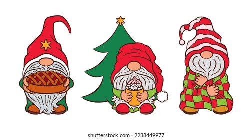 Cute Christmas gnome set. Hand drawn gnomes outline and color. Cozy holiday concept. Red and green Christmas palette. Adorable scandinavian gnomes cartoon vector illustration. Winter season greetings.