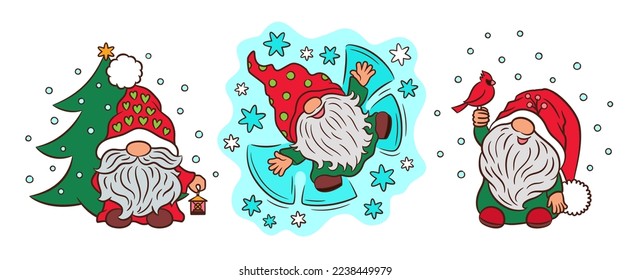 Cute Christmas gnome set. Hand drawn gnomes ourdoor fun. Outline and color doodle. Red and green Christmas palette. Adorable scandinavian gnomes cartoon vector illustration. Winter season greetings.