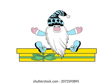 A cute Christmas gnome sitting on a gift with a bow, drawn in a cartoon style in yellow and blue colors. Stock vector illustration isolated on white background.