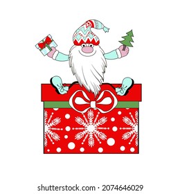 A cute Christmas gnome is sitting on a gift with a bow, he is holding a small Christmas tree and a present. Isolated illustration on a white background drawn in cartoon.