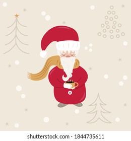 A cute Christmas gnome stands with a cup of coffee in a snowy forest with fir trees. Post card.