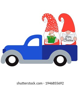 Cute christmas gnome with truck, vector illustration art.