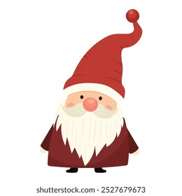 Cute Christmas gnome vector illustration with red hat and white beard on white isolated background. Cheerful gnome in kids cartoon character concept. For cards, posters, characters Christmas stories.