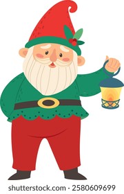 Cute Christmas gnome wearing traditional green clothes and a red hat, holding a lantern with a lit candle, a festive character full of holiday spirit