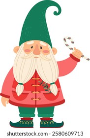 Cute christmas gnome wearing traditional red coat and green hat, holding a candy cane with a mistletoe leaf in his pocket, isolated on white background