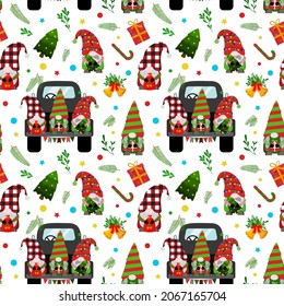 Cute Christmas gnomes in a black truck, gift boxes, branches, Christmas trees, bells. Vector seamless pattern. Isolated on white background.