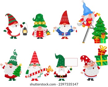 Cute Christmas Gnomes Cartoon Characters. Vector Flat Design Collection Set Isolated On Transparent Background