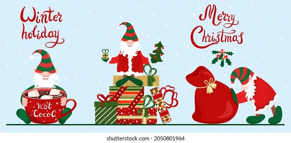 Cute Christmas gnomes characters with New Year's gifts and cup of hot cocoa. Vector illustration in cartoon flat style. Handdrawn lettering Merry Christmas, Winter holiday